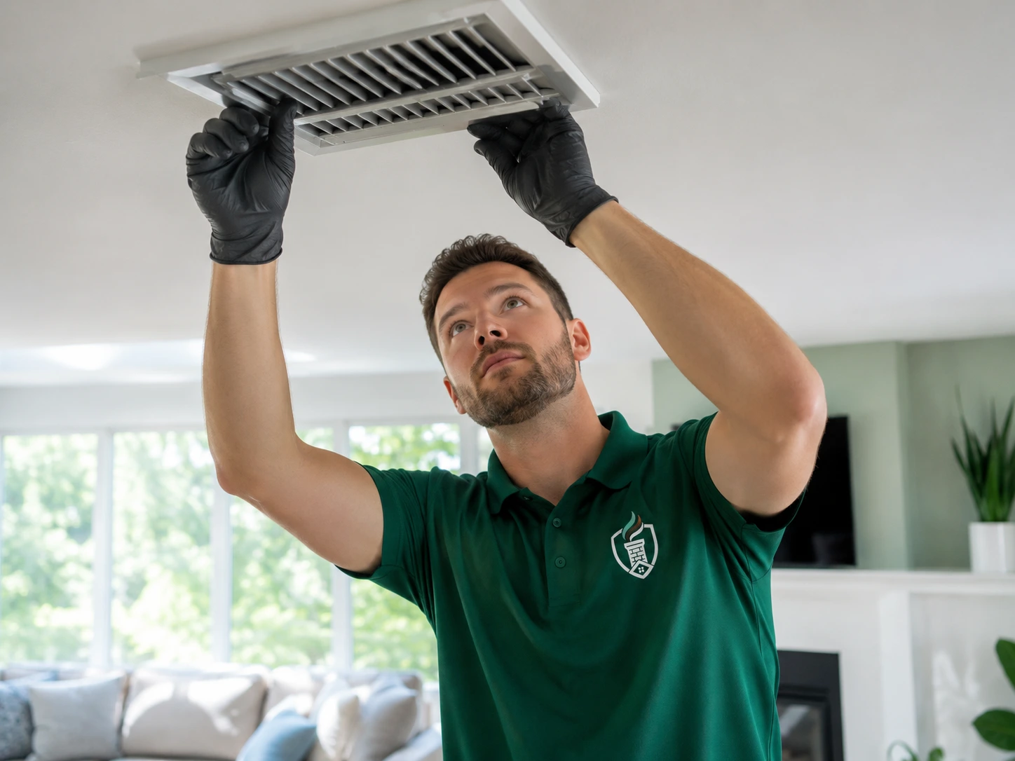 SafeFlow technician checking a ceiling air vent to improve indoor air quality in a Maryland home