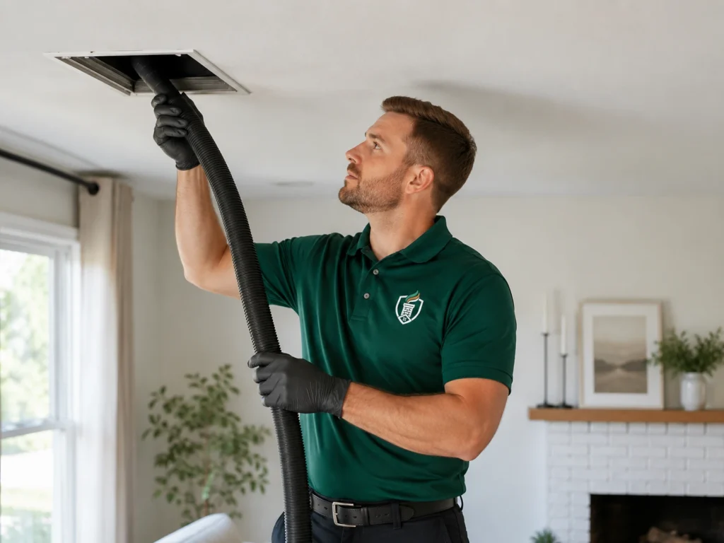 SafeFlow technician cleaning a ceiling air duct with extraction equipment in a Maryland home