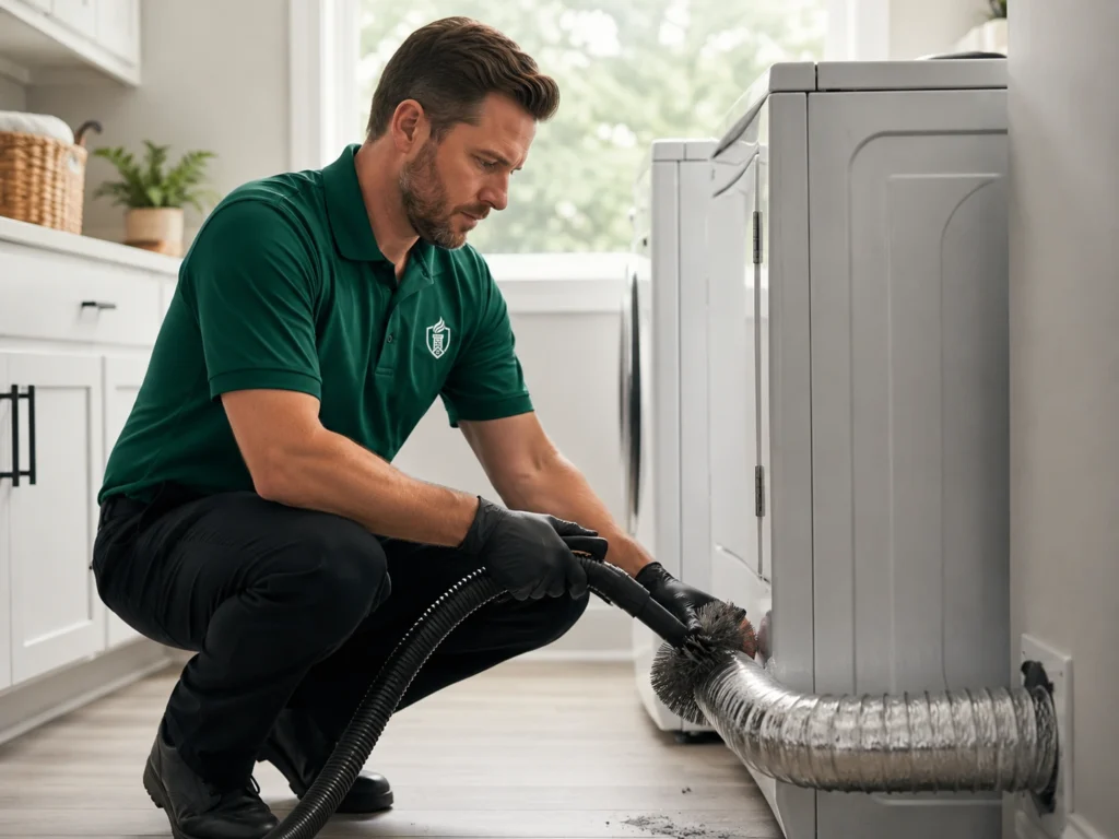 SafeFlow technician cleaning a dryer vent with a rotary brush at a Maryland home