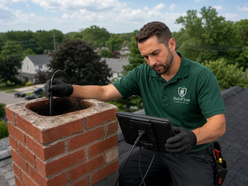 SafeFlow technician inspecting a chimney flue with a camera probe in Maryland