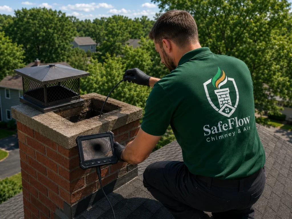 SafeFlow technician performing an HD camera chimney inspection on a Maryland rooftop