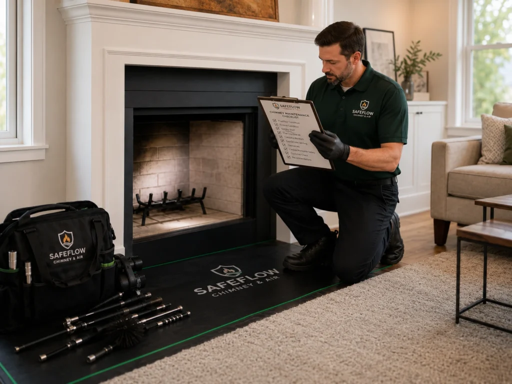 SafeFlow technician reviewing a chimney maintenance checklist beside a Maryland fireplace