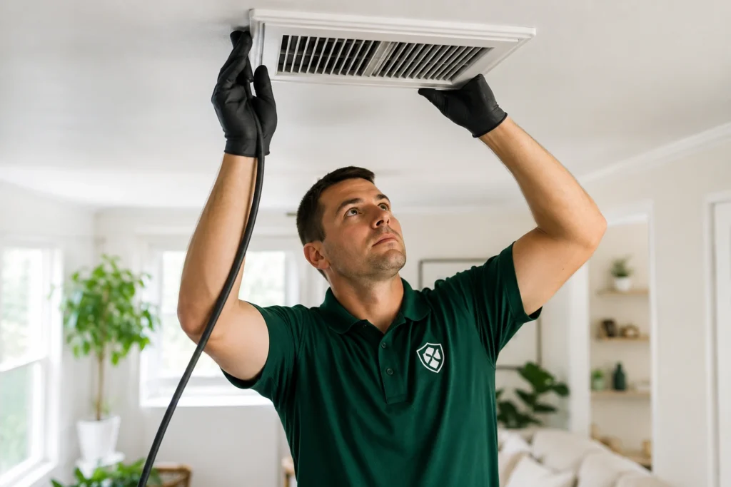 SafeFlow technician servicing a home air vent to support cleaner indoor air in Maryland