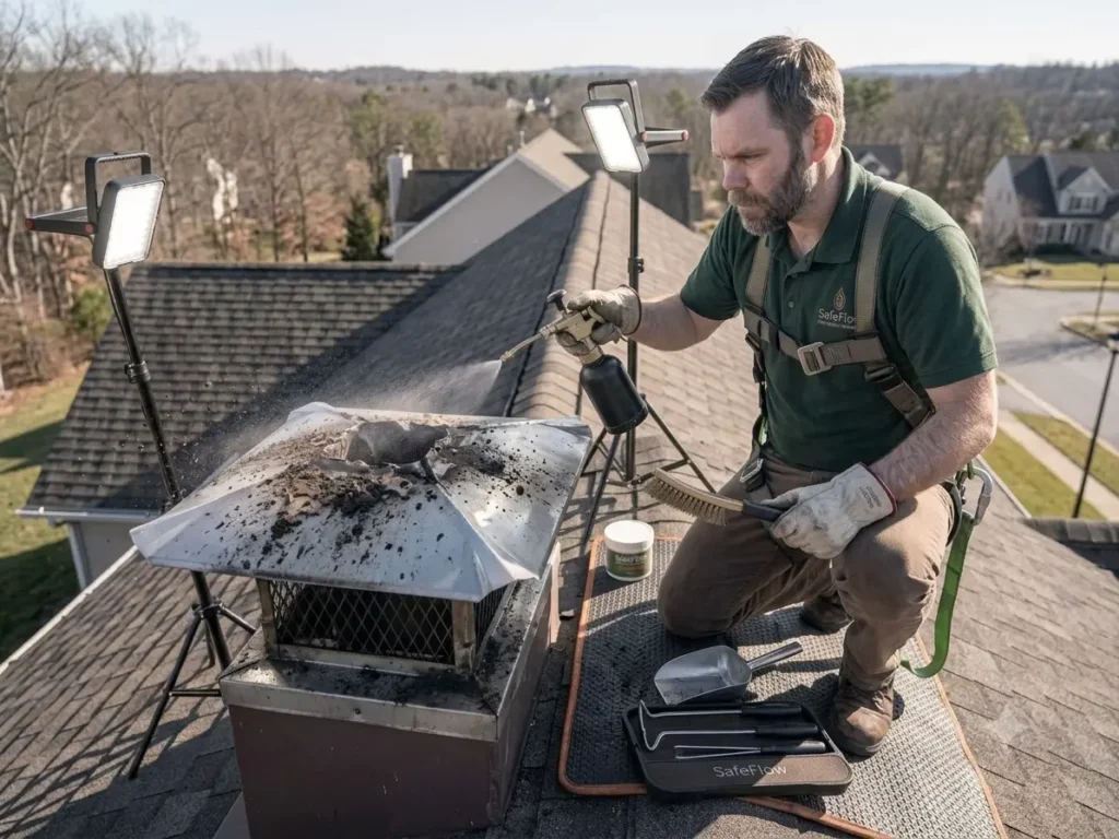 Chimney cap cleaning service in Maryland by SafeFlow Chimney & Air