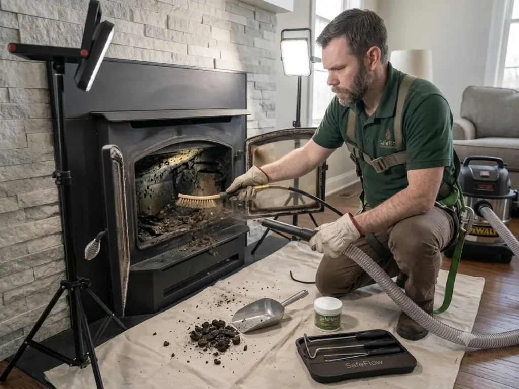Fireplace insert cleaning service in Maryland by SafeFlow Chimney & Air