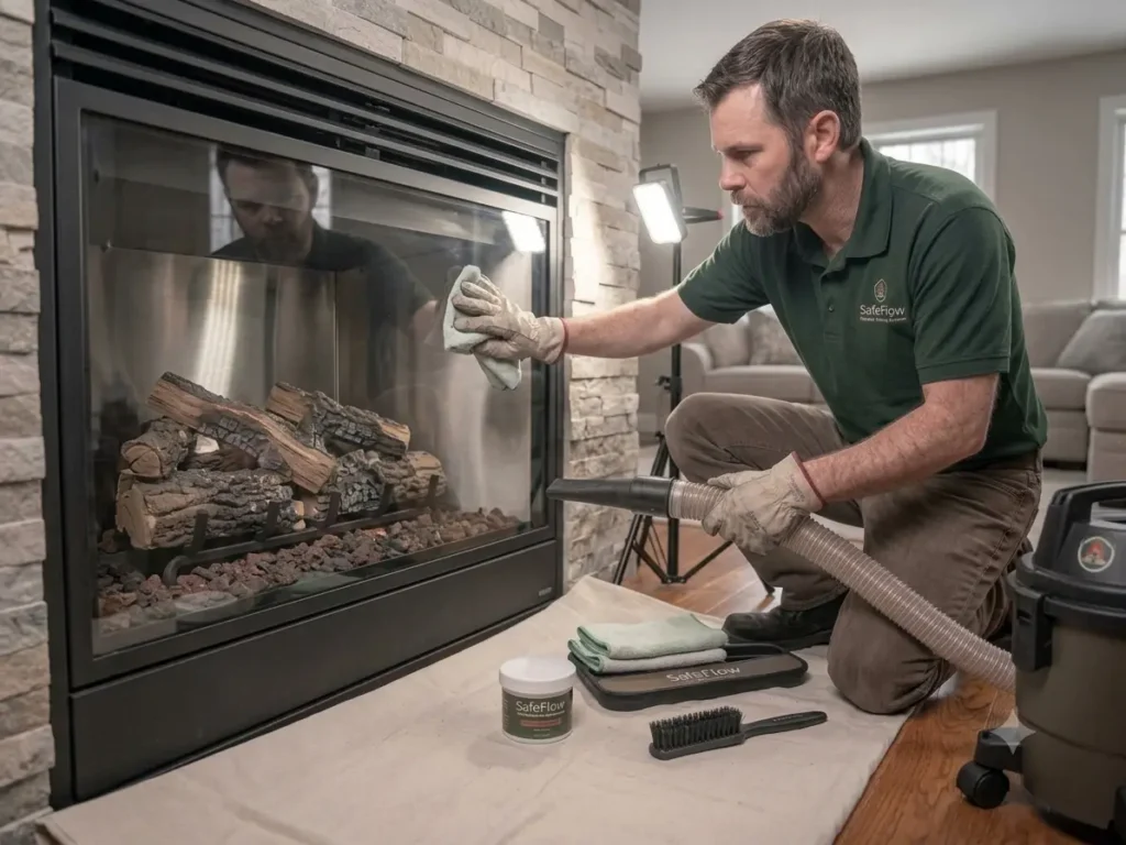 Gas fireplace cleaning service in Maryland by SafeFlow Chimney & Air